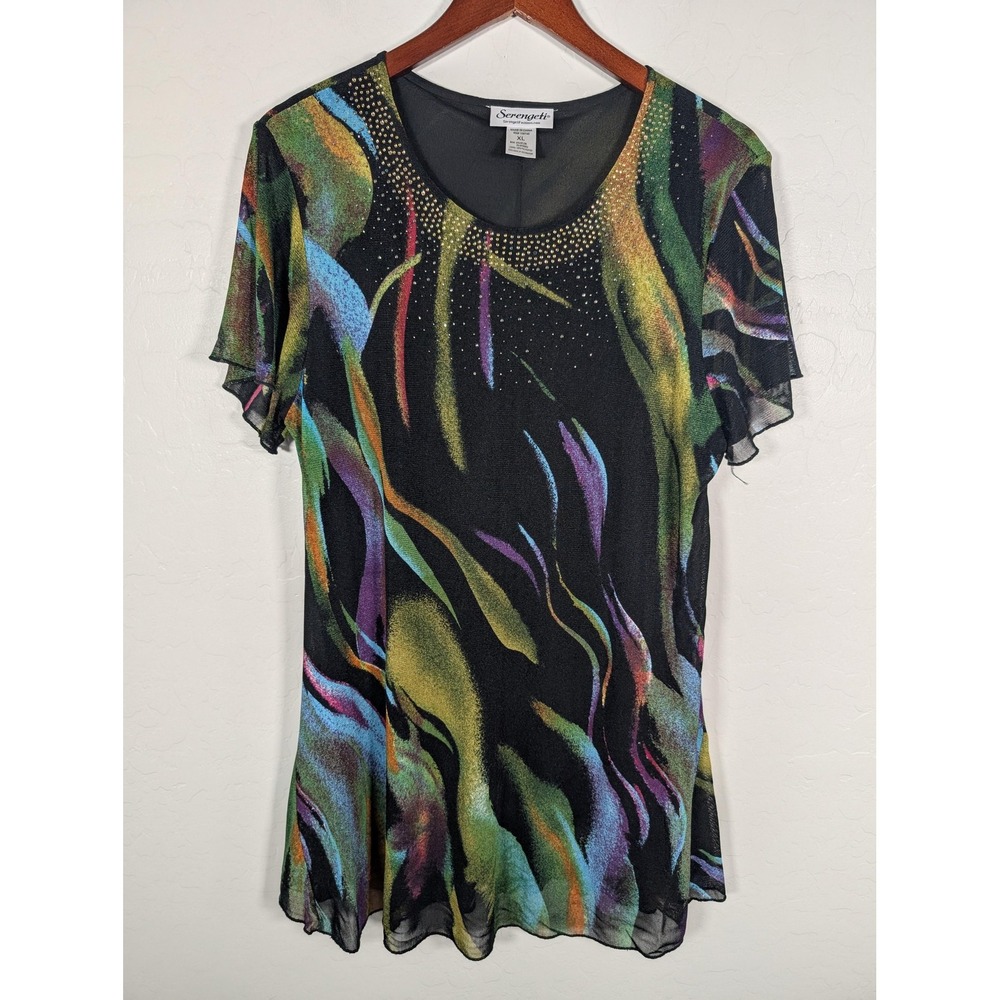 Serengeti Shirt Womens XL Sheer Multicolor Short Sleeve Tunic Top Rhinestone